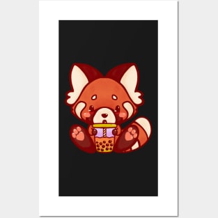 Red fox bubble tea kawaii cute adorable chibi hand painted Posters and Art